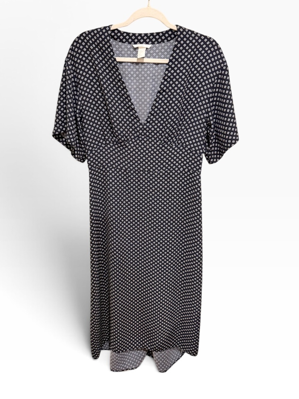 H&M Navy Foulard Print V-Neck Faux Wrap Midi Dress Sz 10